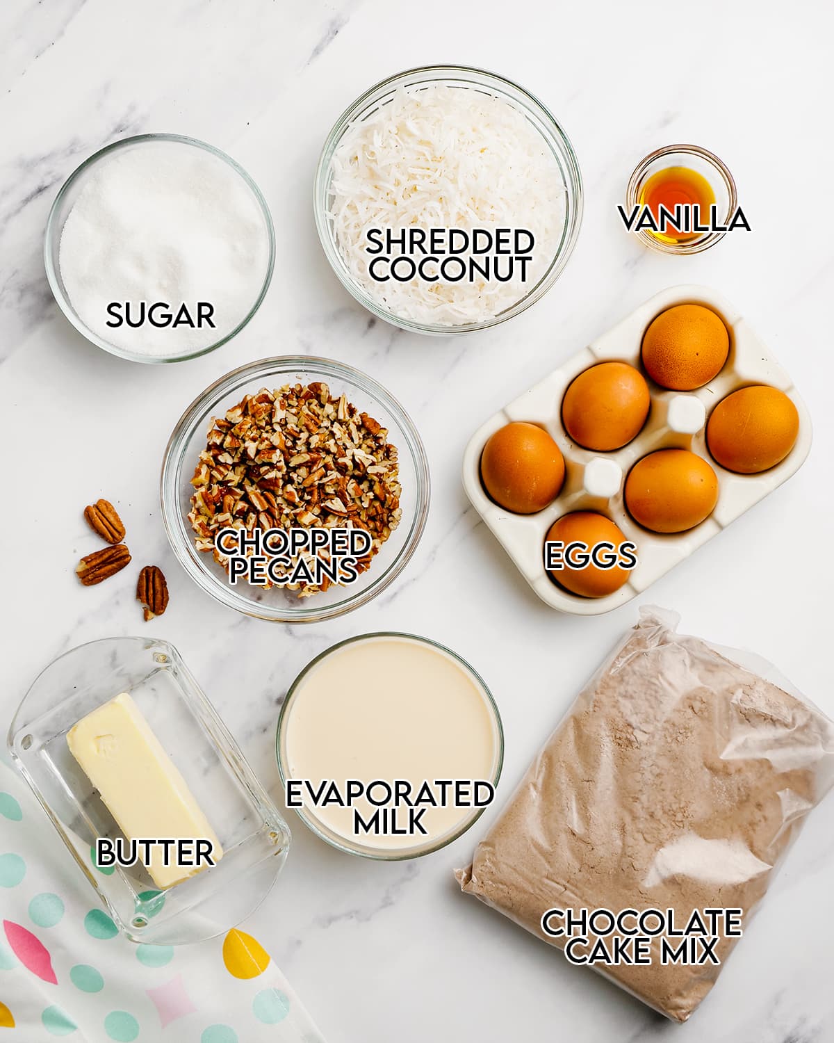 An overhead photo showing the ingredients needed to make German chocolate cake cookies