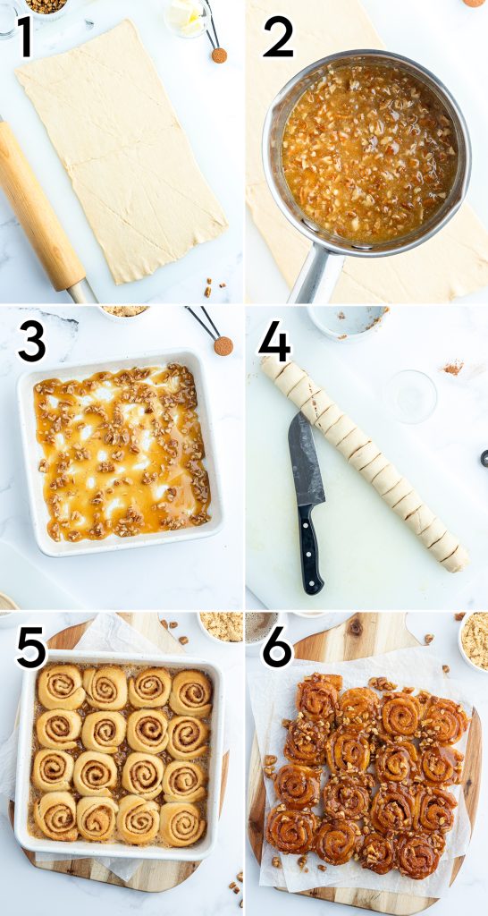 A collage of 6 photos showing how to make mini caramel pecan cinnamon rolls with crescent rolls.