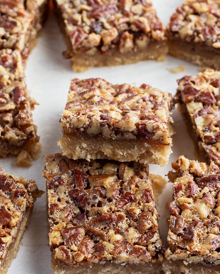 Pecan Pie Bars with shortbread crust and pecan pie topping.