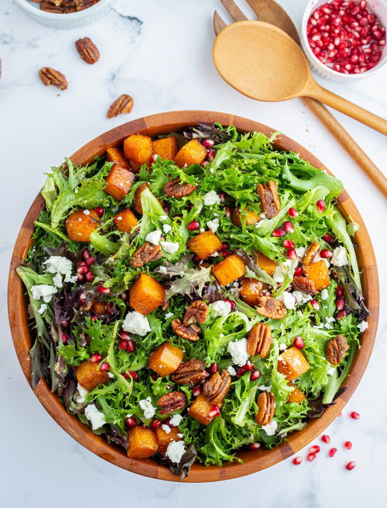 Roasted Butternut Squash Salad with feta and pomegranate pieces.