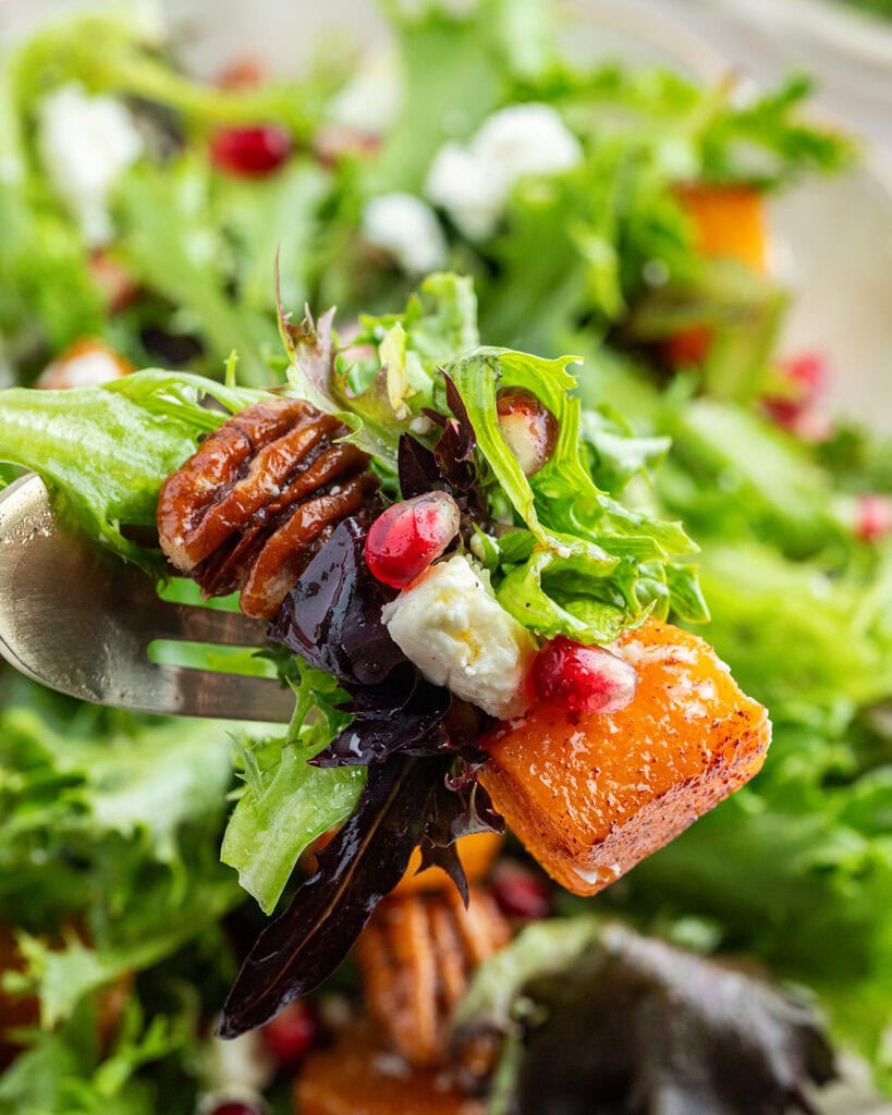 A forkful of butternut squash salad, with a candied pecan, and red pomegranate arils on the fork.