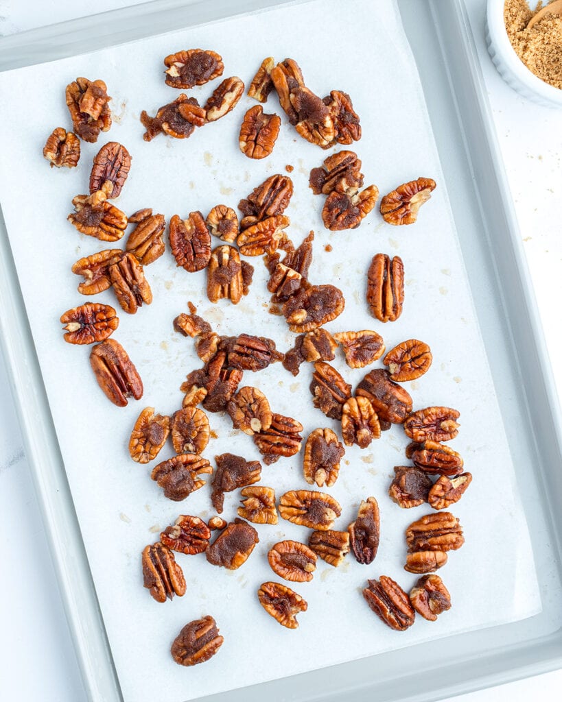 A pan of candied pecans.