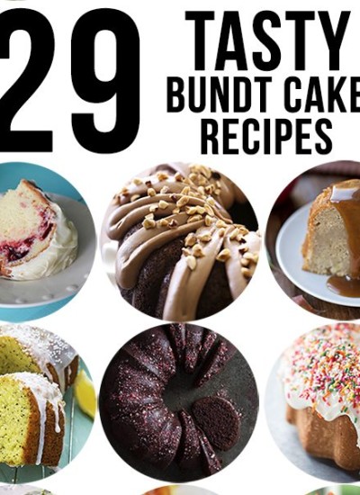 A collage of round photos of bundt cakes with a text block over the top.