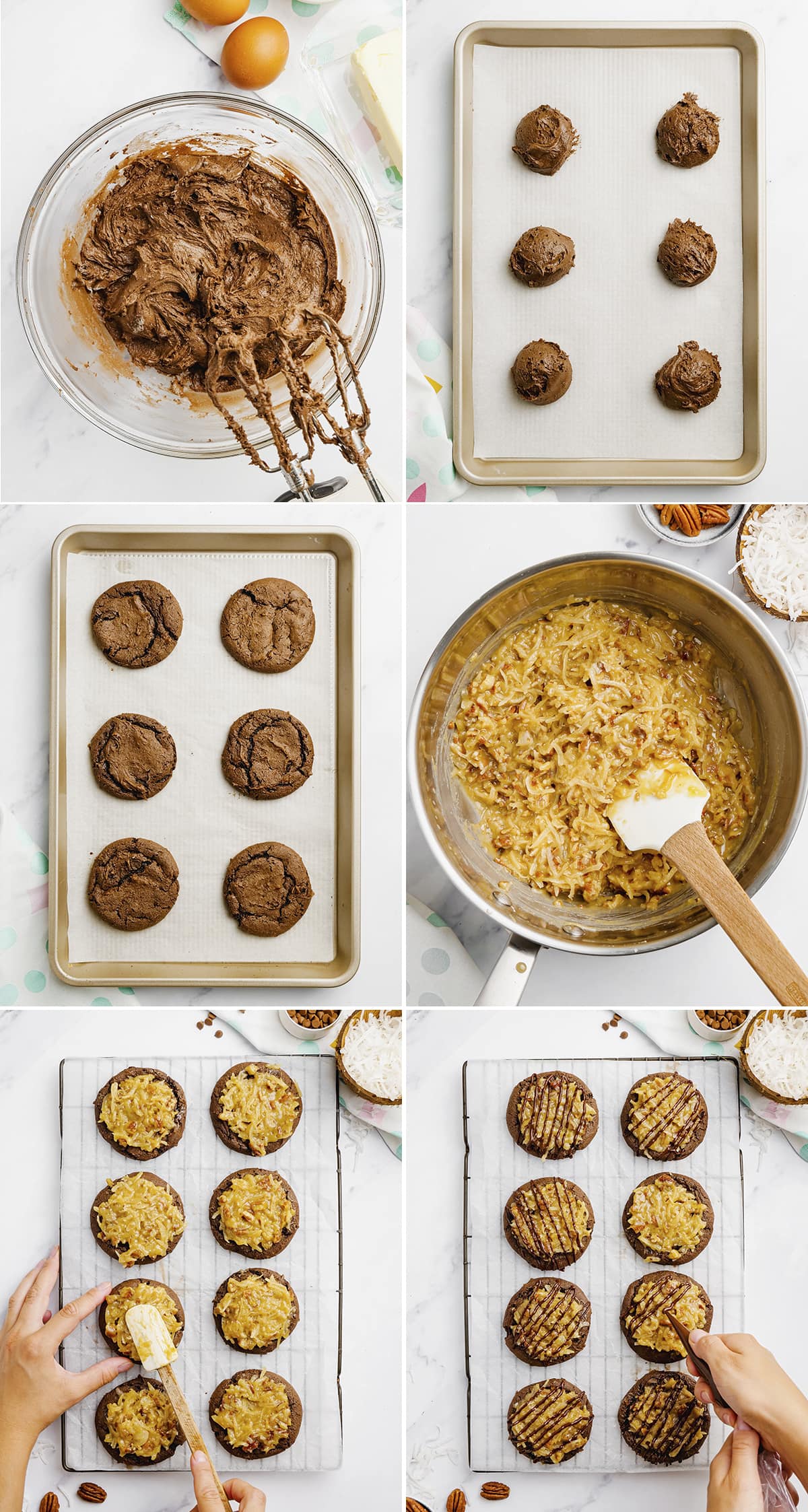 A collage of 6 step by step photos showing how to make German Chocolate Cake Cookies.