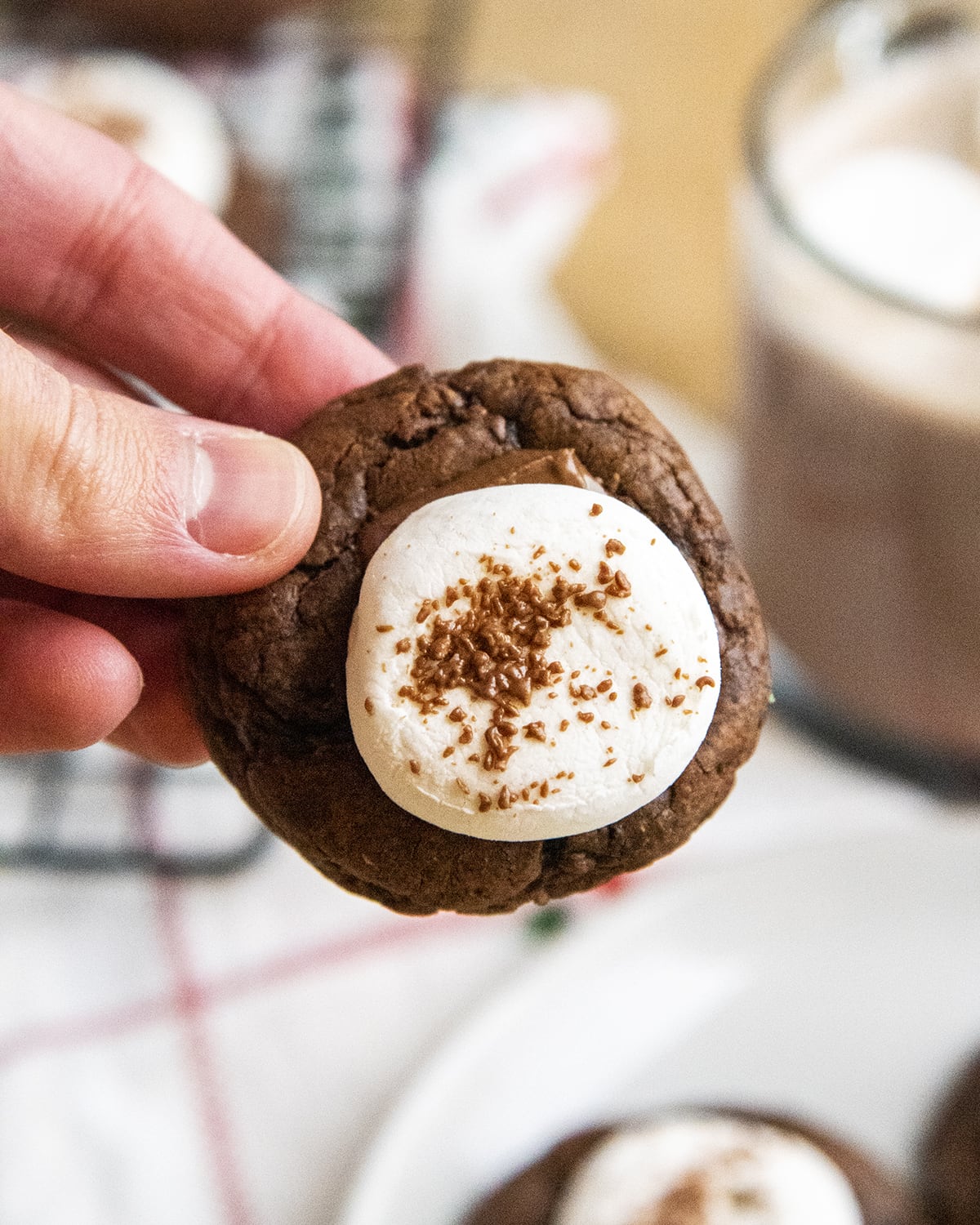 A hand holding a chocolate cookie topped with a marshmallow and chocolate pieces.