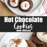 A collage of two photos of hot chocolate cookies with a text block between them for pinterest.
