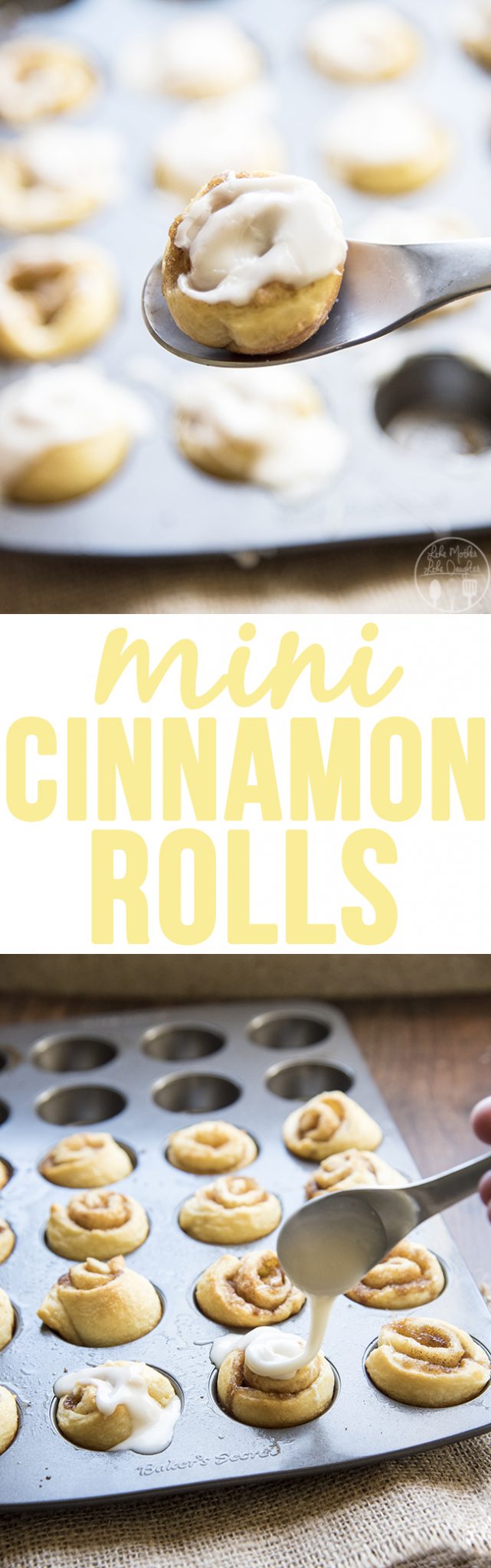 Title card for mini cinnamon rolls with text.