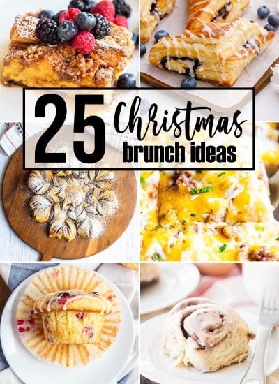 A collage of 6 photos of Christmas brunch ideas including biscuit casserole, cranberry orange muffins, and french toast casserole.