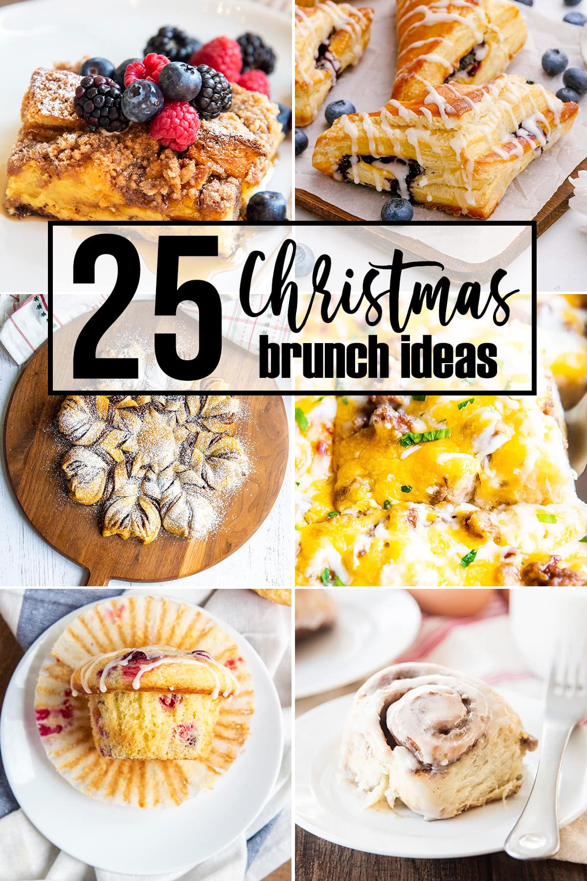 A collage of 6 photos of Christmas brunch ideas including biscuit casserole, cranberry orange muffins, and french toast casserole. 