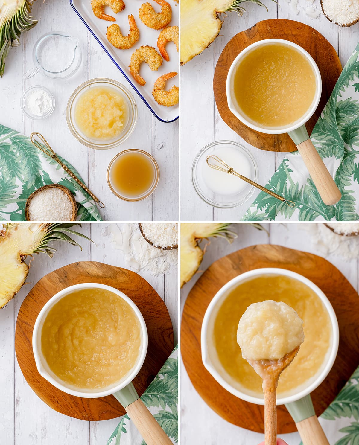 Step by step photos showing how to make pina colada sauce for shrimp.