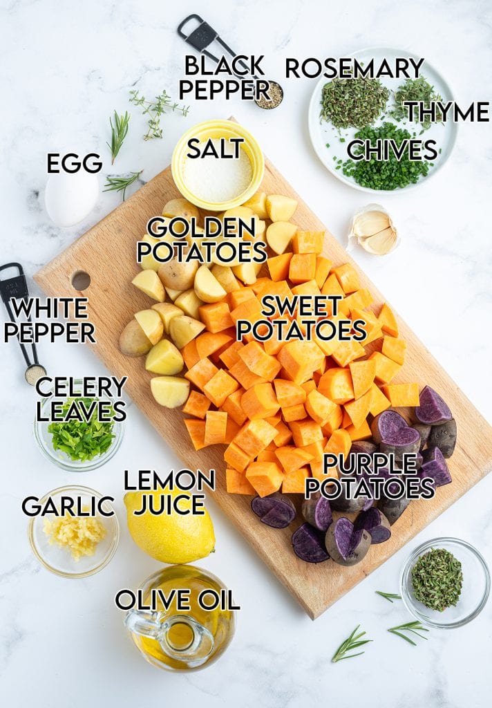 An overhead photo of the ingredients needed to make a roasted potato medley.