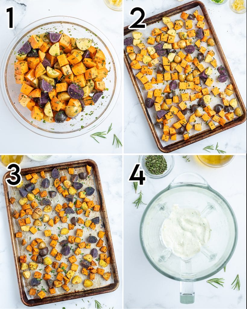 A collage of 4 photos showing how to make a roasted potato medley with rosemary aioli.