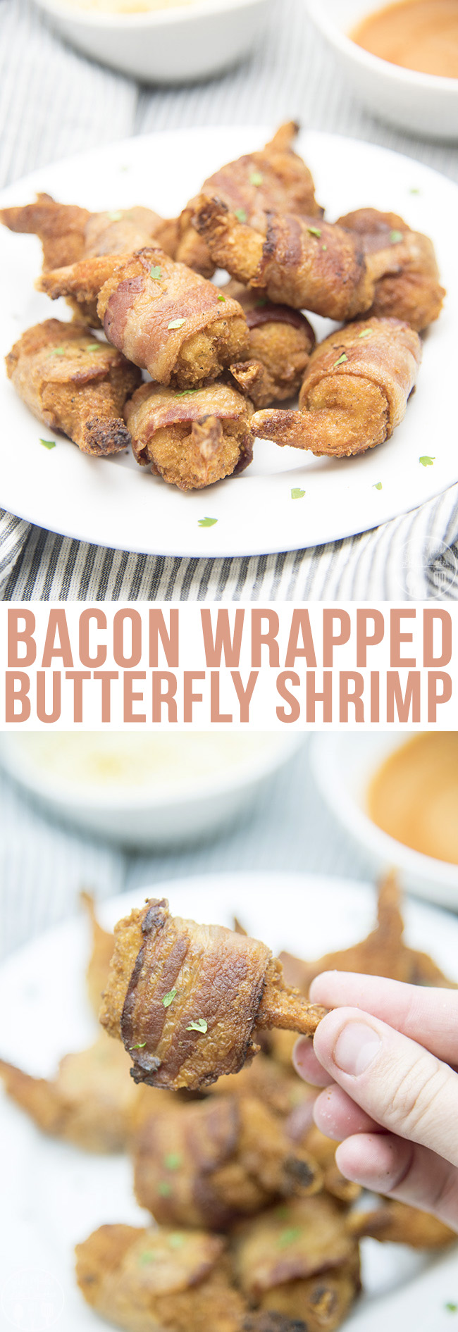 Title card for bacon wrapped butterfly shrimp with text.