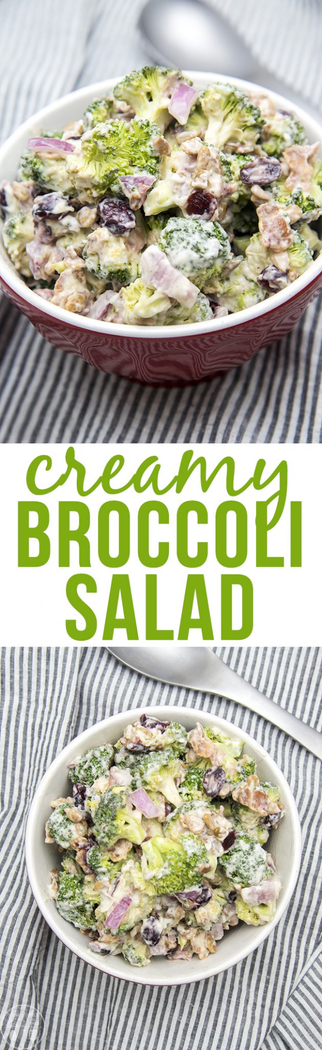 A collage of two photos of broccoli salad with text in between them.
