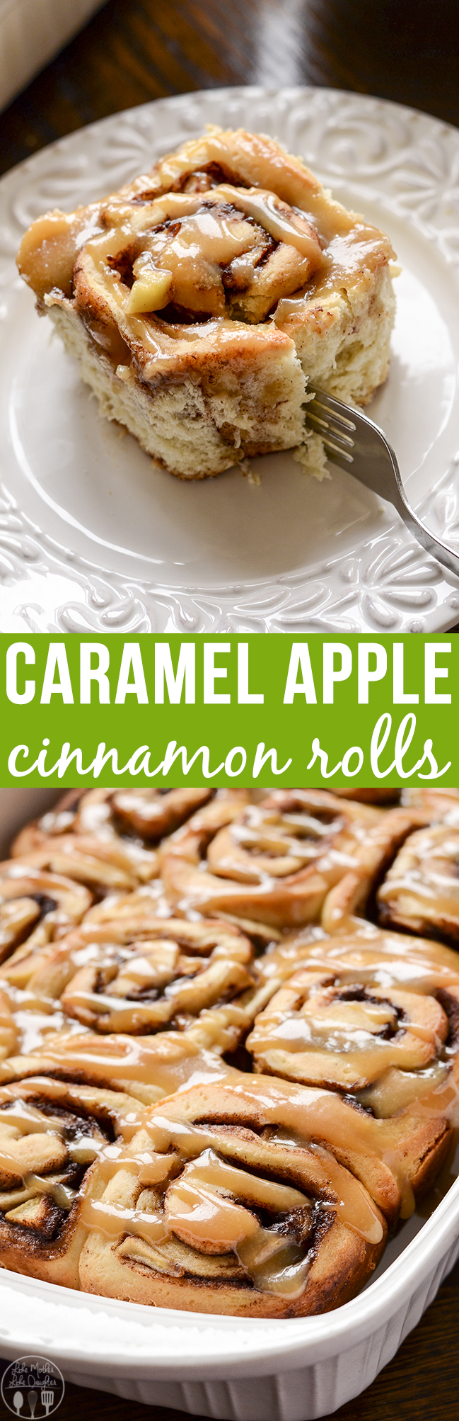 Title card for caramel apple cinnamon rolls with text.