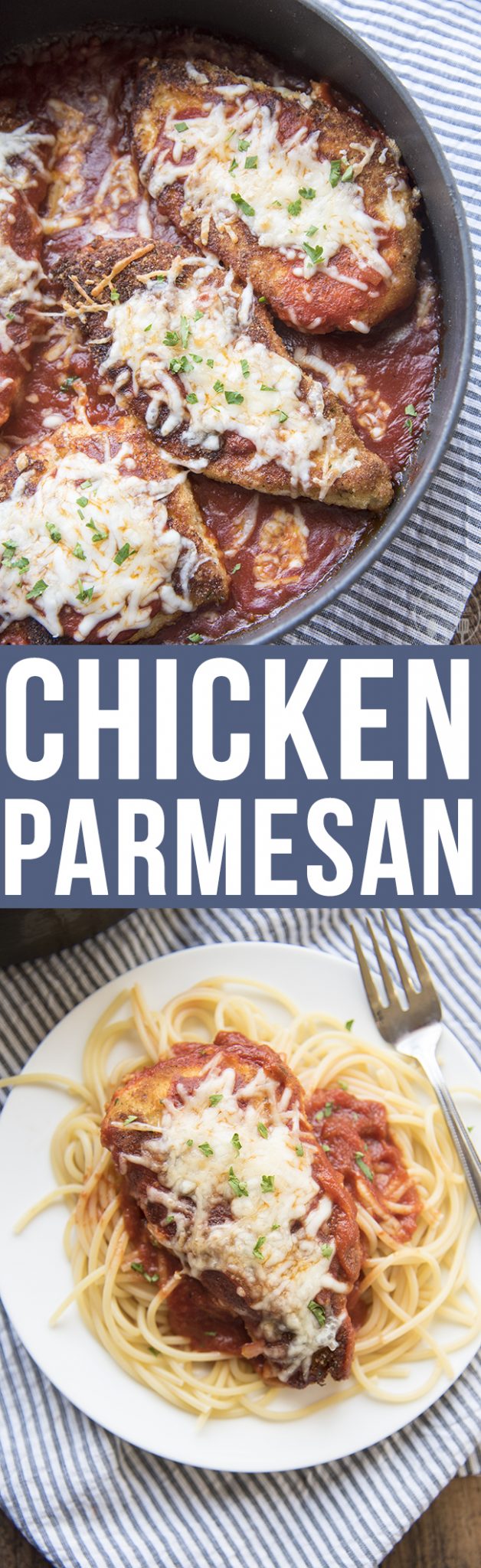 Title card for chicken parmesan with text.