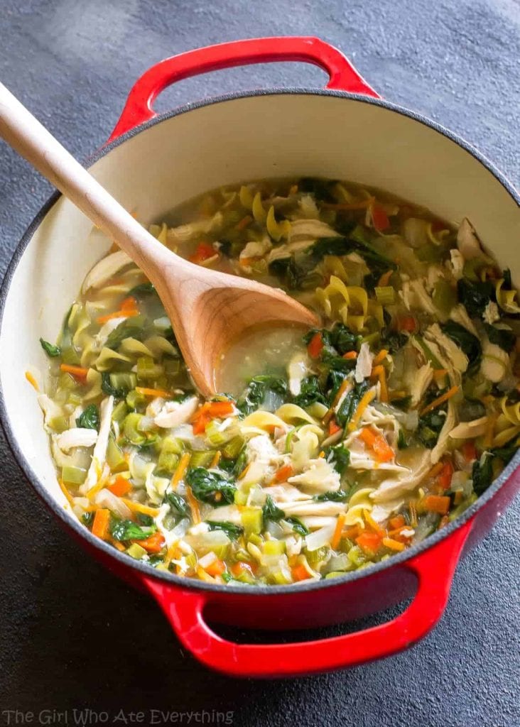 A red pot full of a healthy vegetable chicken soup that is loaded with celery, carrots, onion, spinach, and chicken.