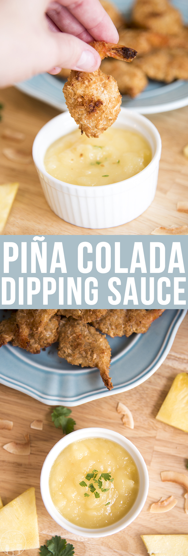 A collage of two photos of a pina colada dipping sauce, with shrimp.