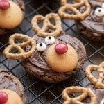 Chocolate cookies decorated to look like reindeer with pretzel antlers.