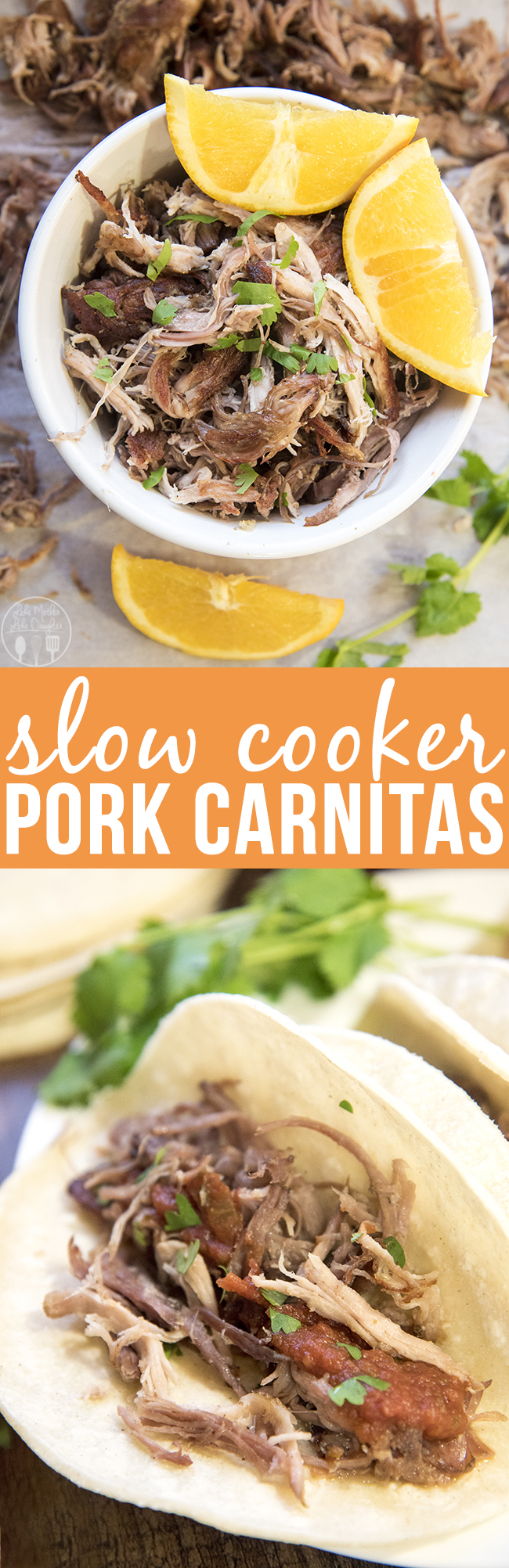 Title card for slow cooker pork carnitas with text.