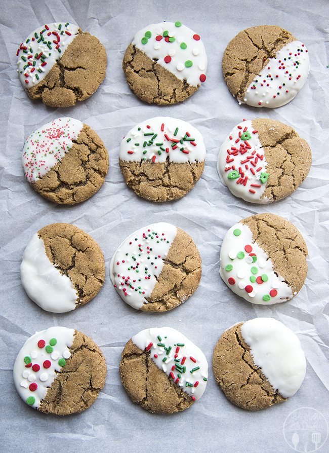 Above view of white chocolate dipped ginger cookies.