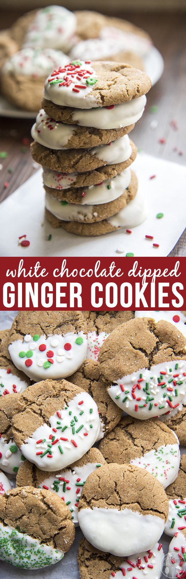 Title card for white chocolate dipped ginger cookies with text.