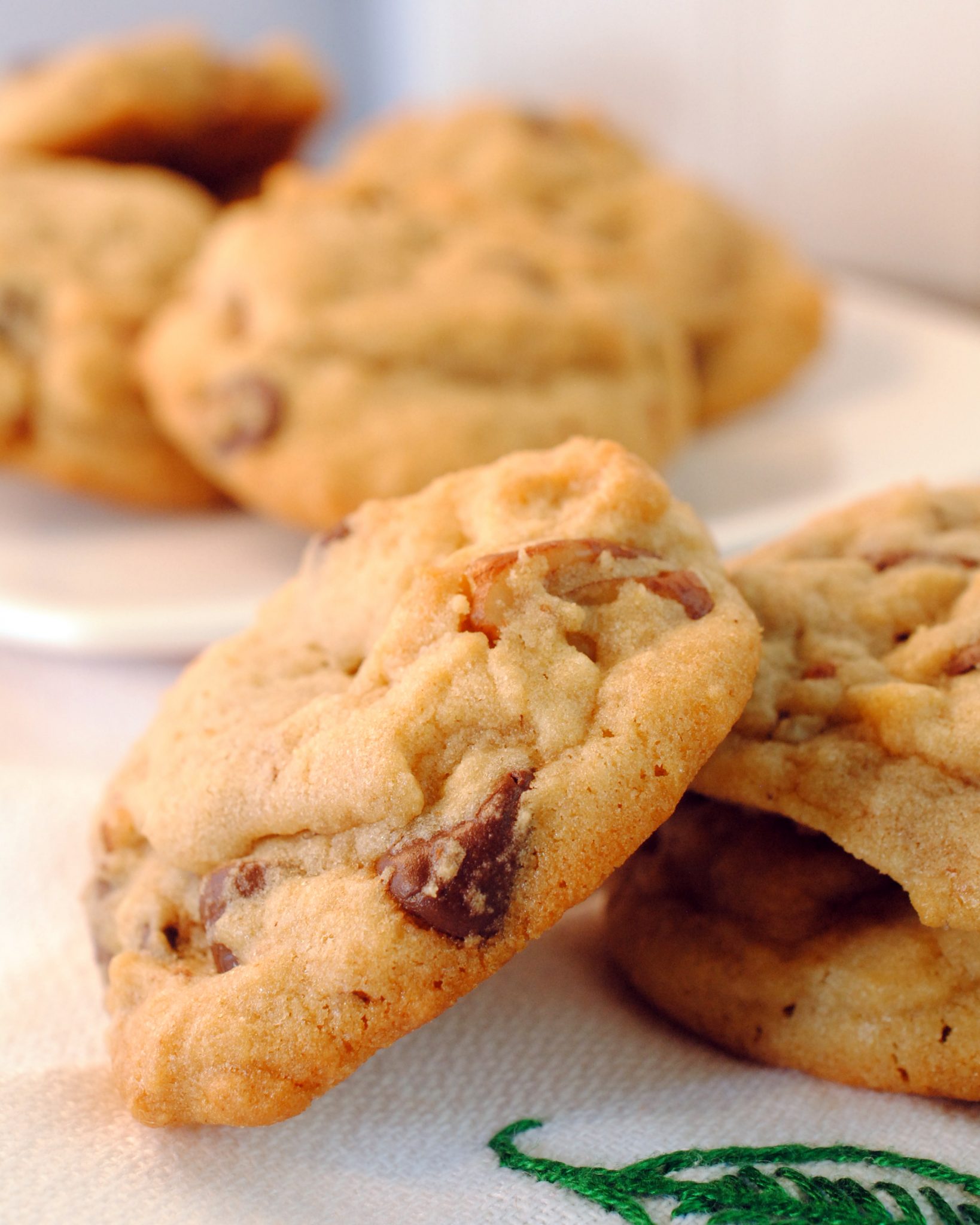 Angled image of butter pecan cookies leaning on each other.