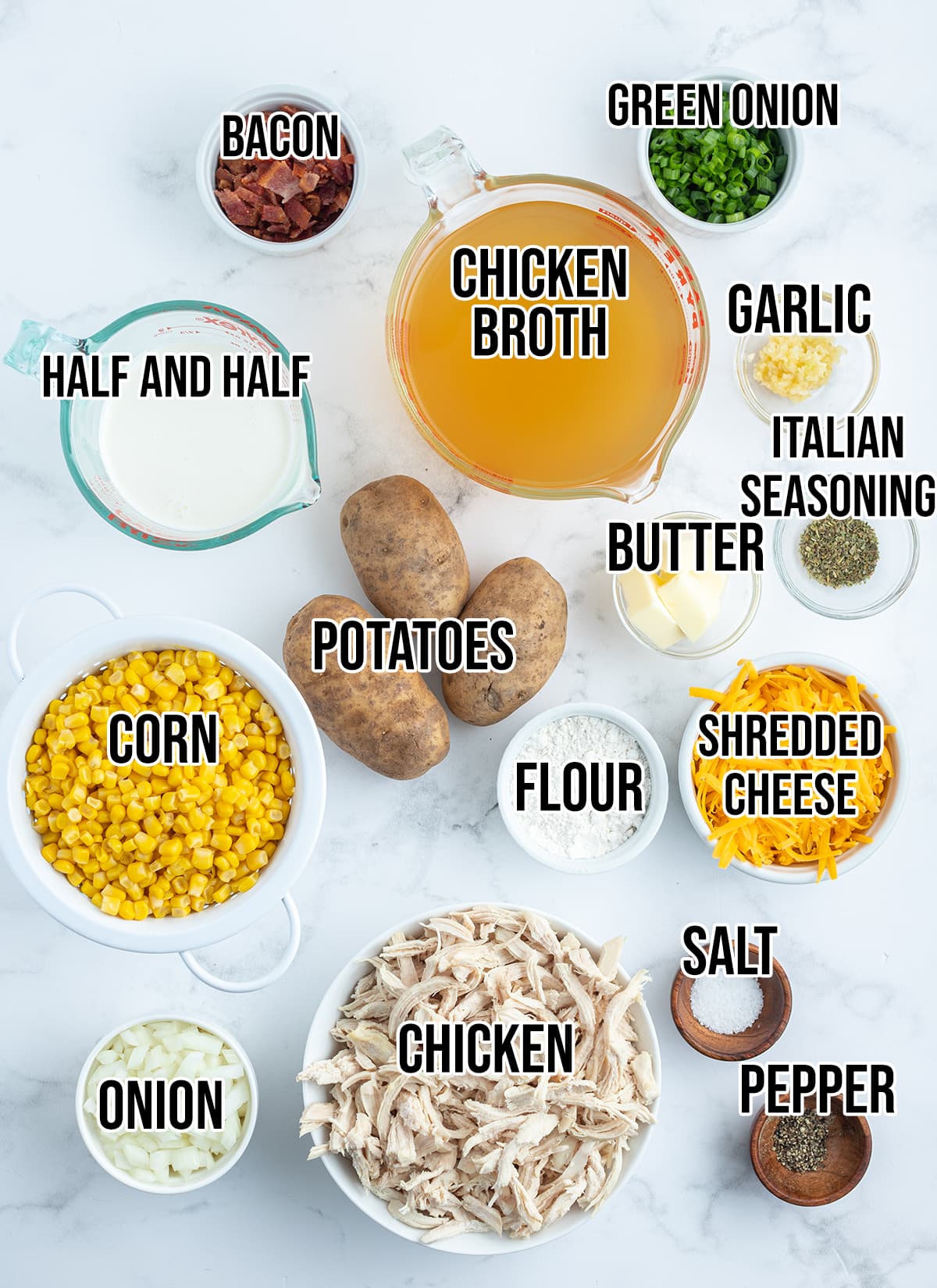 An overhead photo of the ingredients needed to make cheesy chicken chowder.
