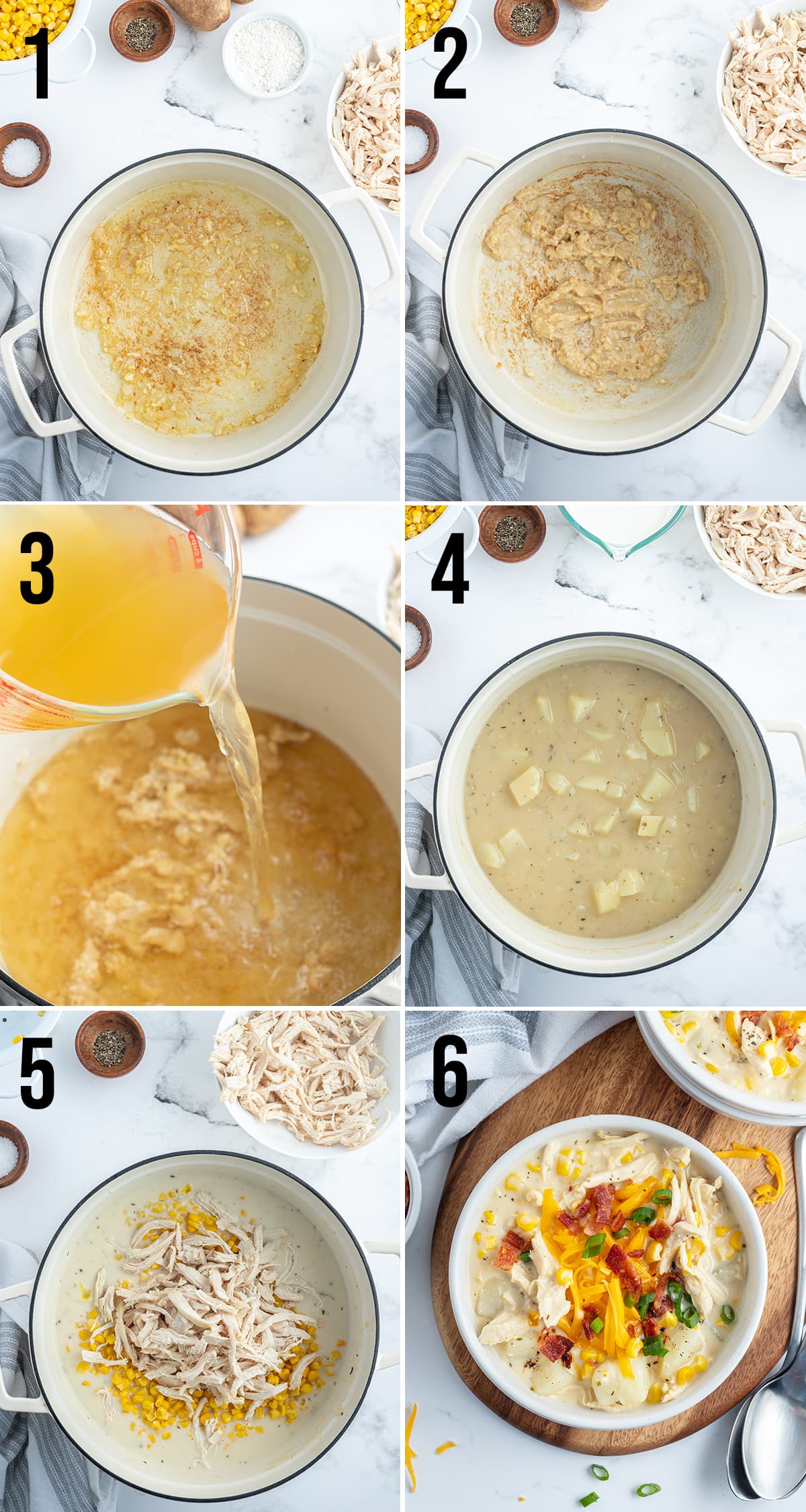 A collage of 6 photos showing the steps of how to make cheesy chicken chowder. 