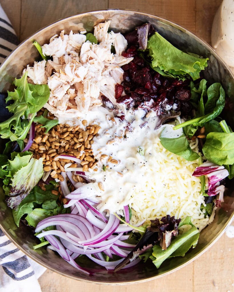 A turkey salad topped with homemade poppy seed dressing!