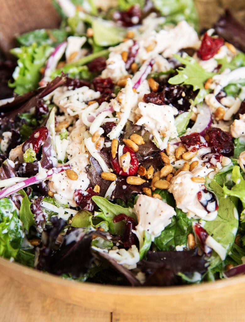 A close up of a bowl of a tossed turkey cranberry salad with poppy seed dressing.