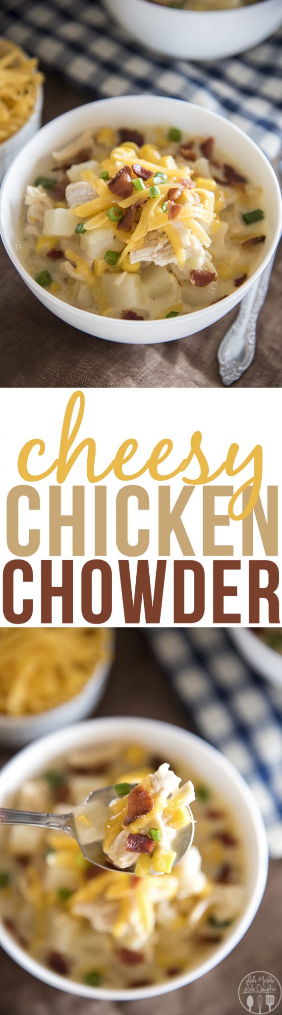 Title card for cheese chicken chowder with text.