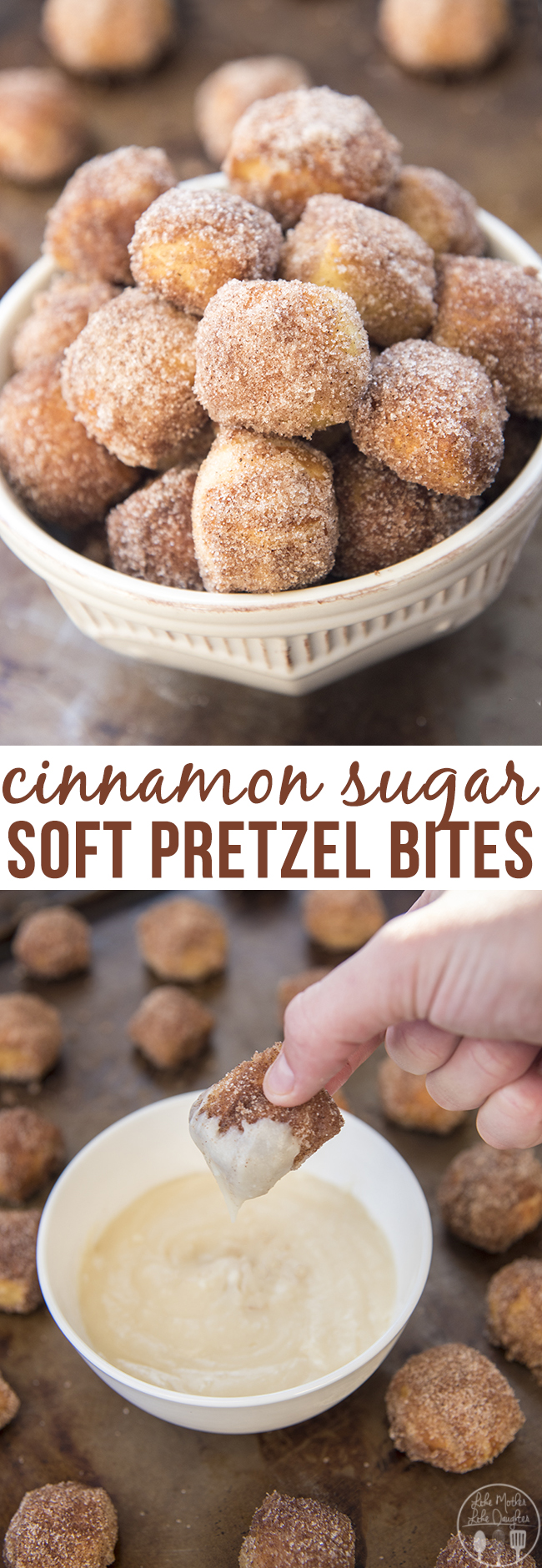 A collage of cinnamon sugar soft pretzel bites with text in the middle for pinterest. 