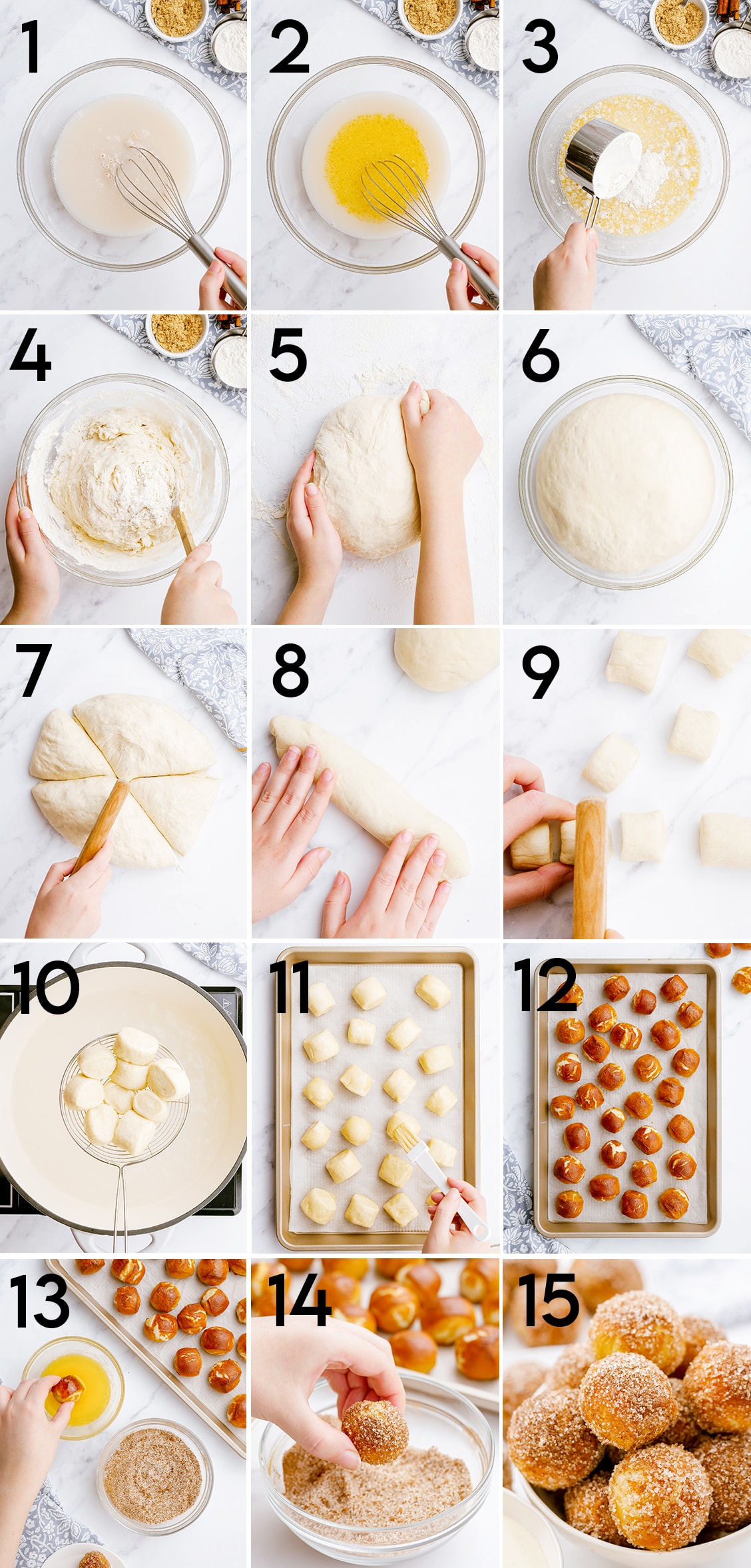 A collage of 15 step by step photos showing how to make cinnamon sugar soft pretzel bites. They are numbered to go along with the steps in the blog text.