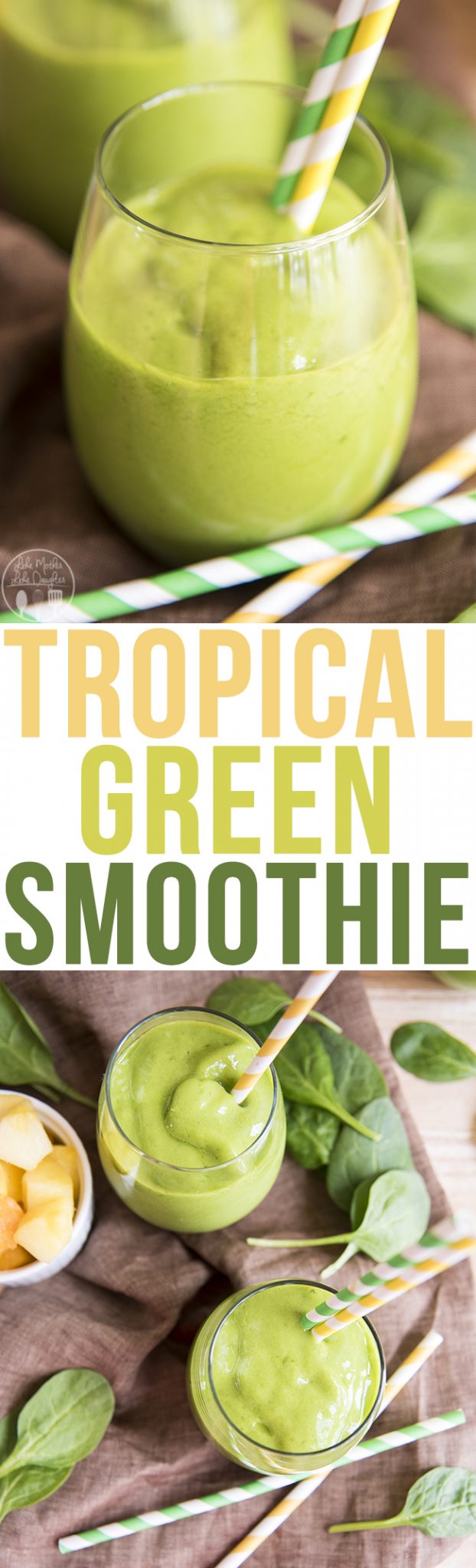 Title card for tropical green smoothie with text.