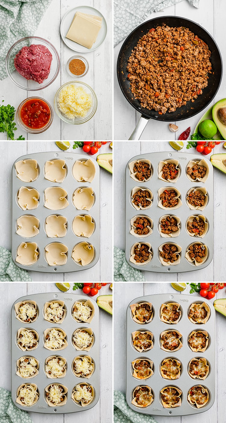 An above shot of a the preparation steps to create wonton taco cups.