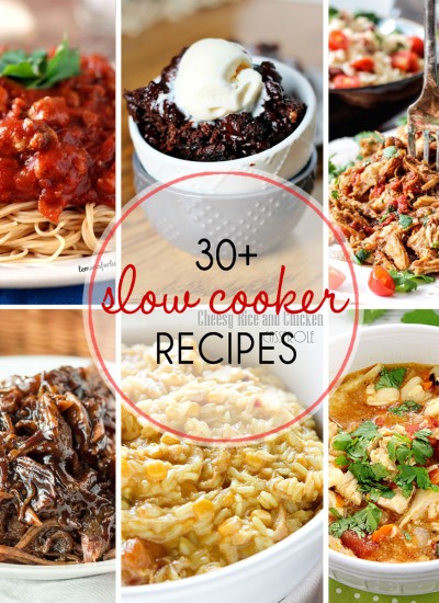Collage of 30+ slow cooker recipe images.