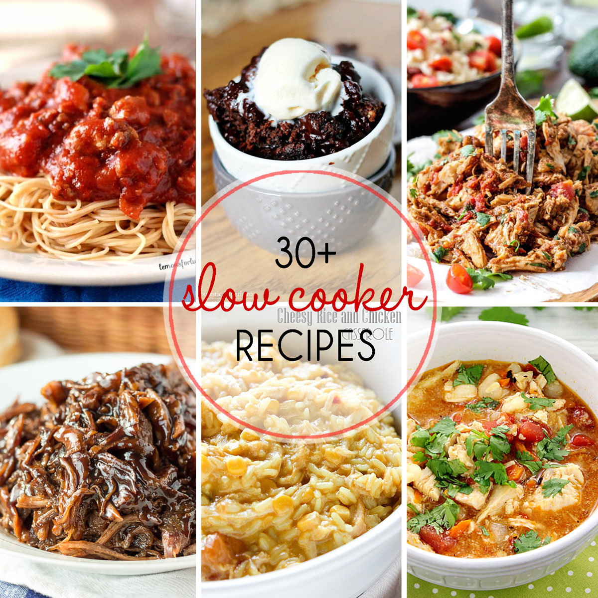 Collage of 30+ slow cooker recipe images.