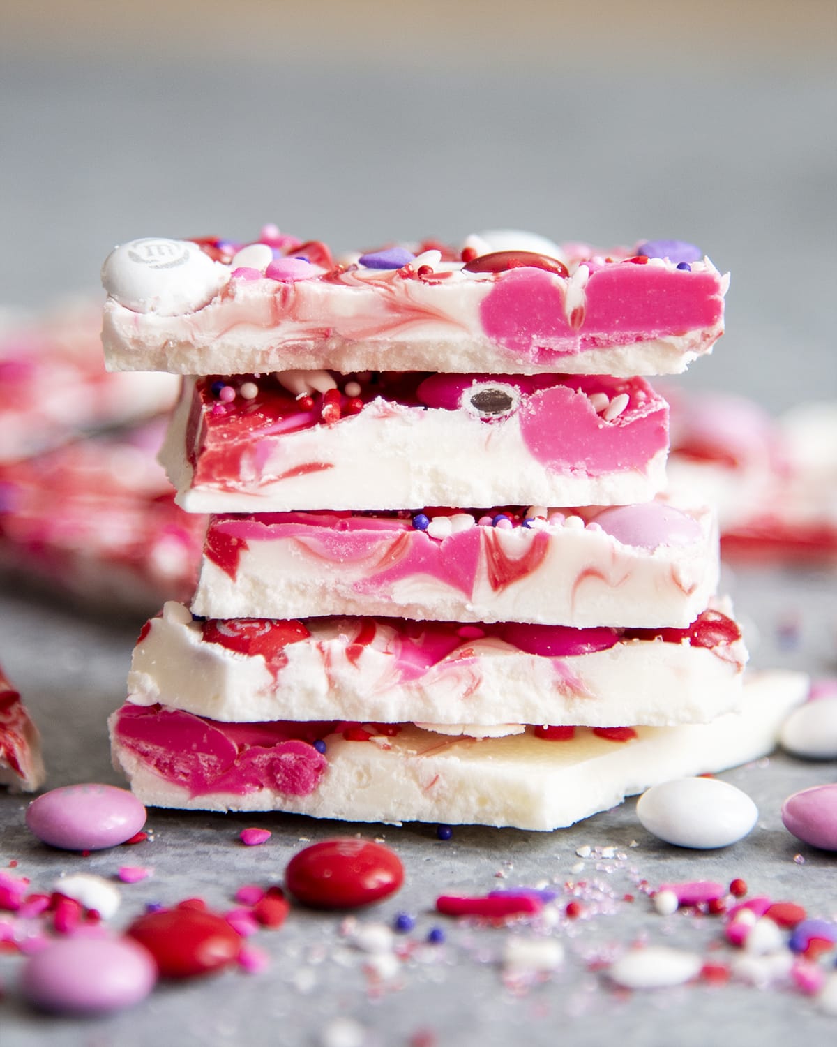 A vertical view of a stack of Valentine Bark candy pieces.