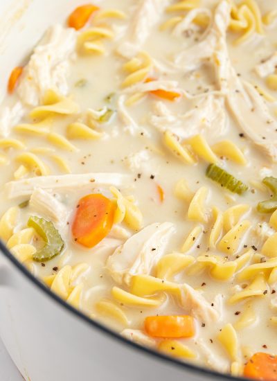 A close up of a pot of creamy chicken noodle soup with a creamy broth, egg noodles, carrots, and celery.