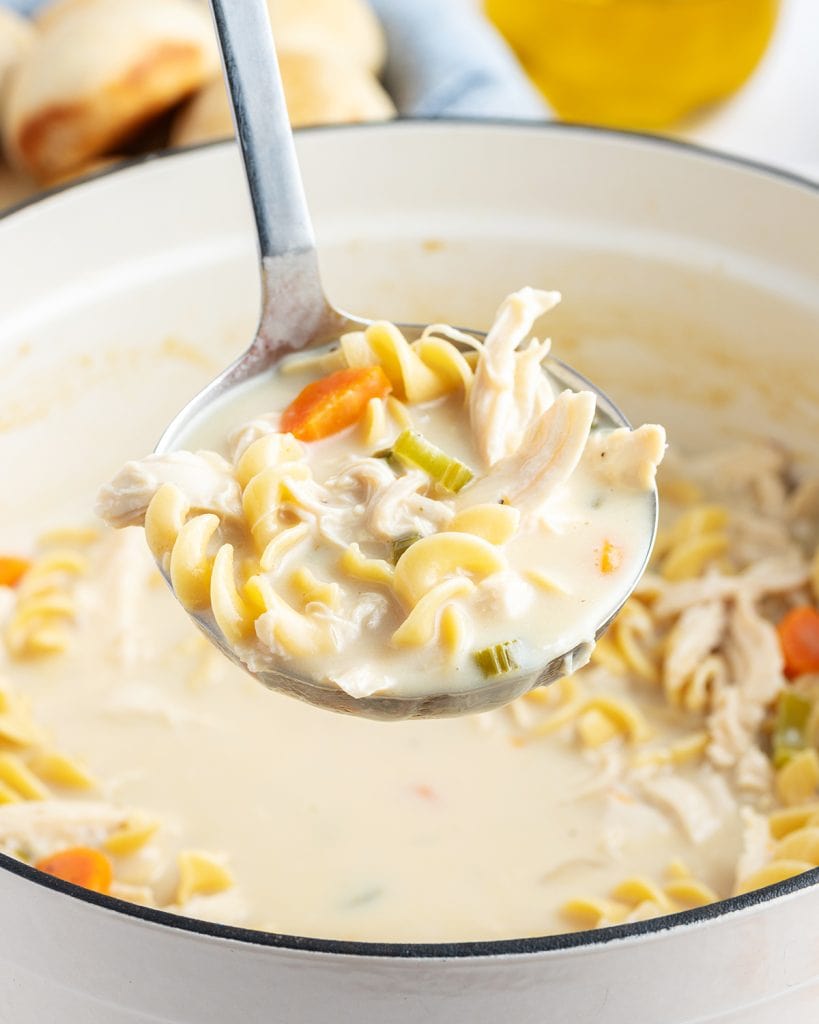 A ladle full of creamy chicken noodle soup above a pot of it.