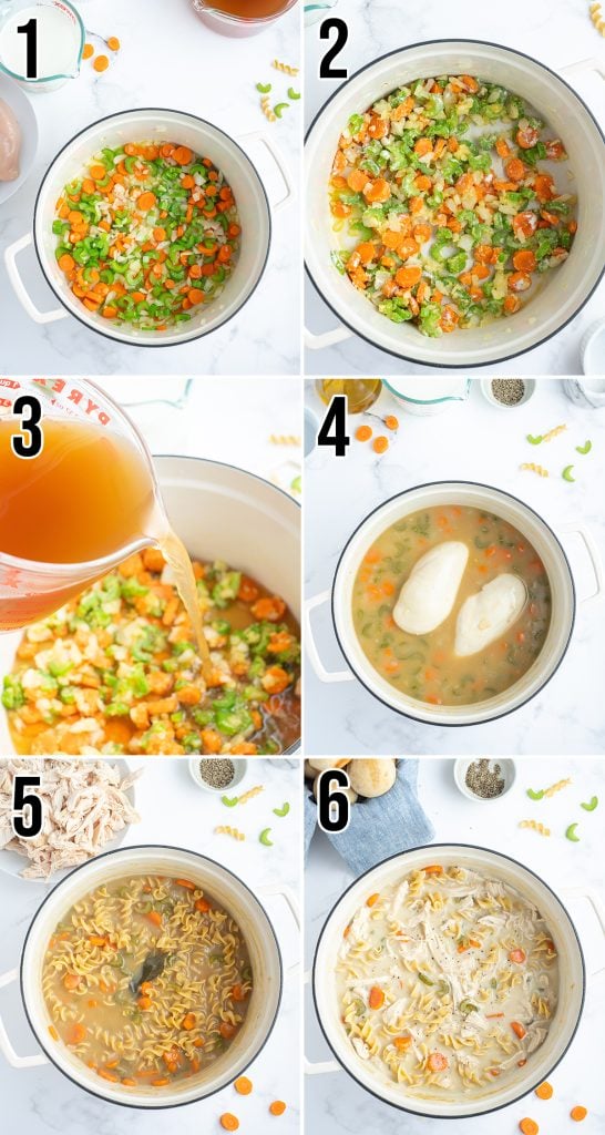 A collage of 6 photos showing the steps of how to make creamy chicken noodle soup.