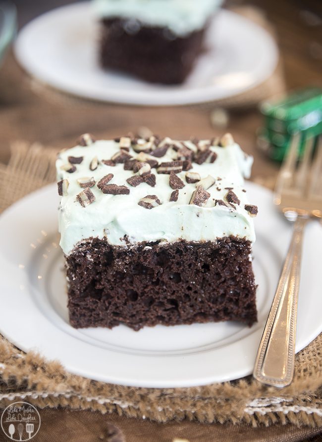 A piece of chocolate cake topped with a light green cool whip and andes mint pieces.