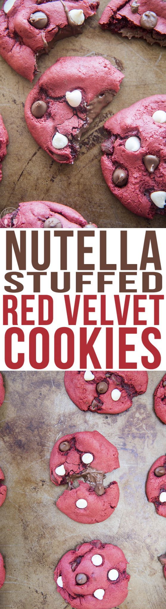 Title card for nutella stuffed red velvet cookies.