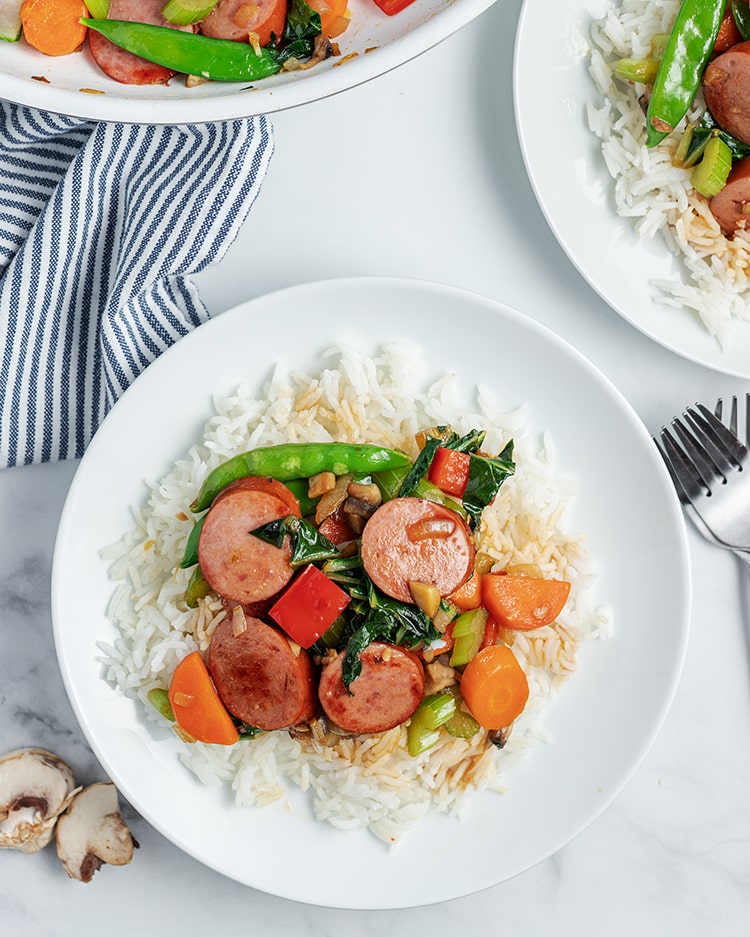 Kielbasa Stir Fry in a pan
