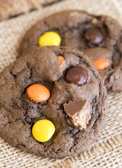 Angled image of two chocolate peanut butter cup cookies.