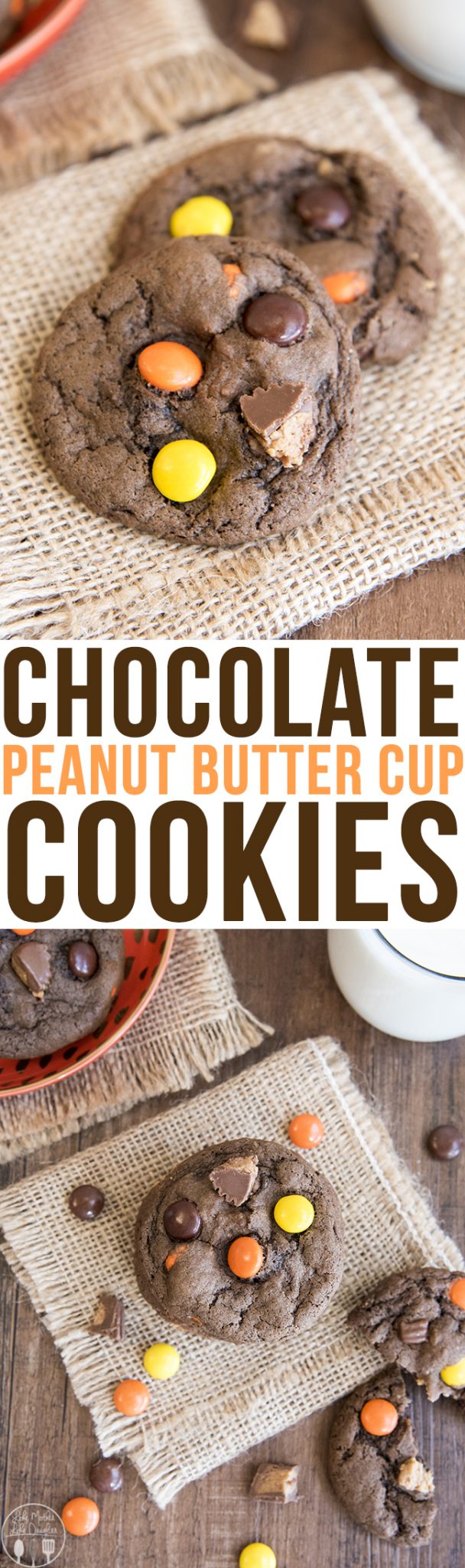 Title card for chocolate peanut butter cup cookies with text.