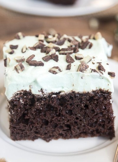 Side image of mint chocolate poke cake on a white plate.