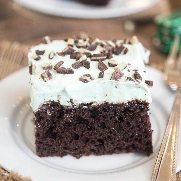 Side image of mint chocolate poke cake on a white plate.