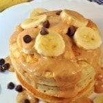 Chunky Monkey Pancakes and Sauce for the perfect pancake flavored throughout with bananas and chocolate chips topped with banana peanut butter sauce.